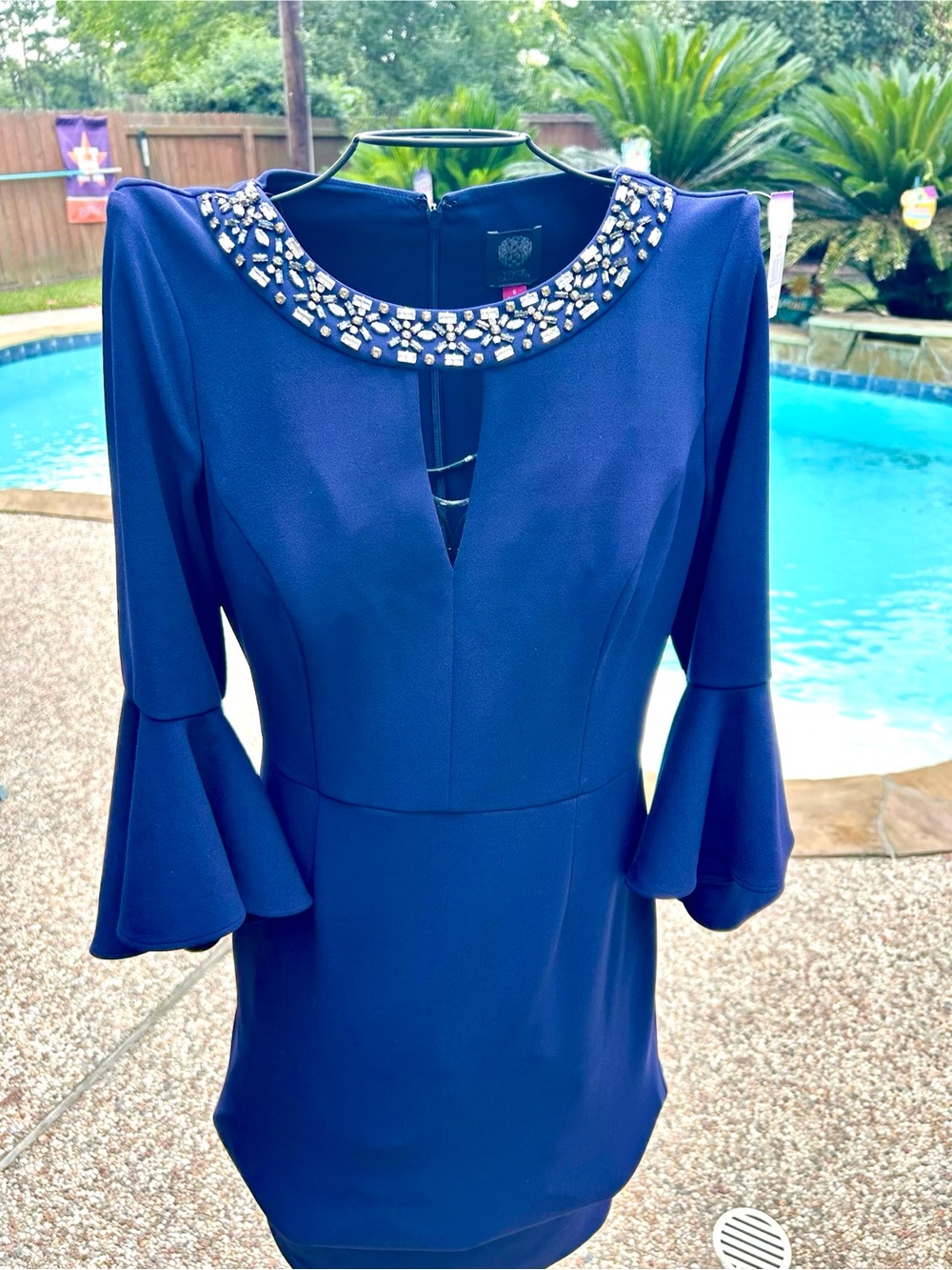 Vince Camuto Navy Embellished Bell-Sleeve Sheath Dress